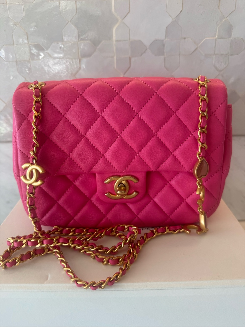 CHANEL Mini Matelasse 2 Way Pink heart leather bag